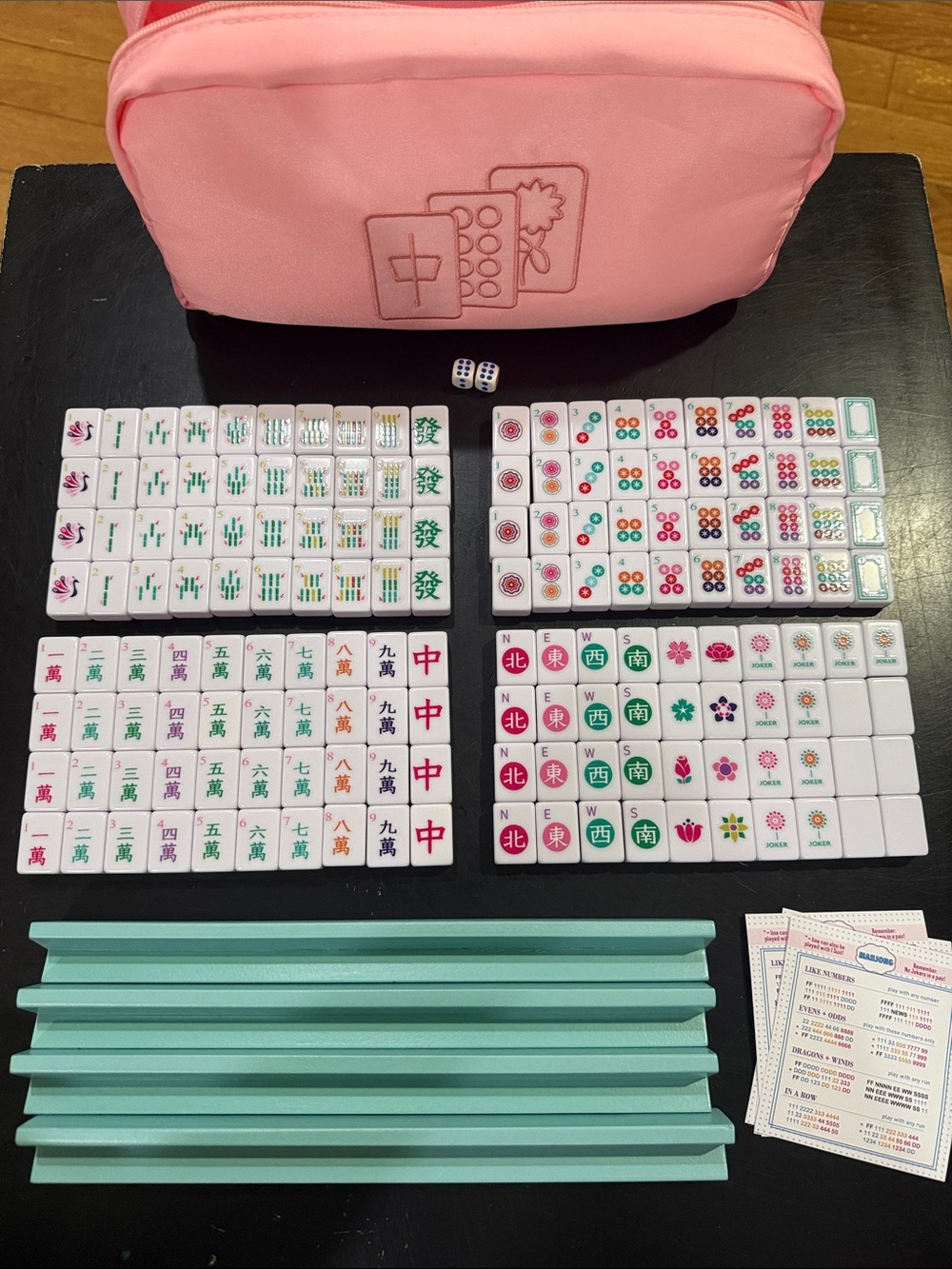 Pink Travel Mahjong Set with Turquoise Racks